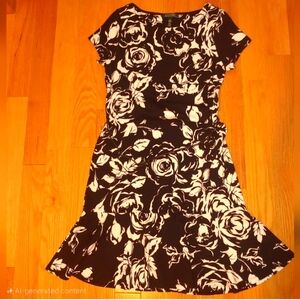 Lauren Ralph Lauren Black & White Floral Short Sleeve Belted Dress Size L